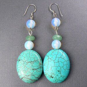 BIG Turquoise Emerald Opalite Silver Earrings